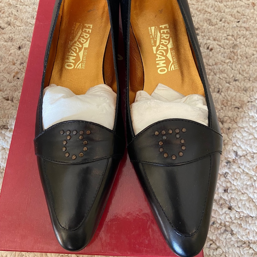 Salvatore Ferragamo Loafers Leather Low Heel Black Studded Rivets Gancini Logo